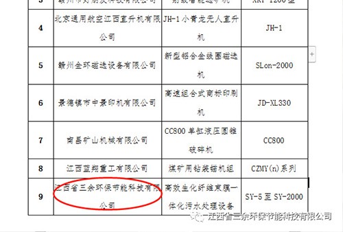 喜訊：三余環(huán)保高效生物纖維束膜一體化污水處理設備入選江西省首臺重大技術裝備推廣應用目錄